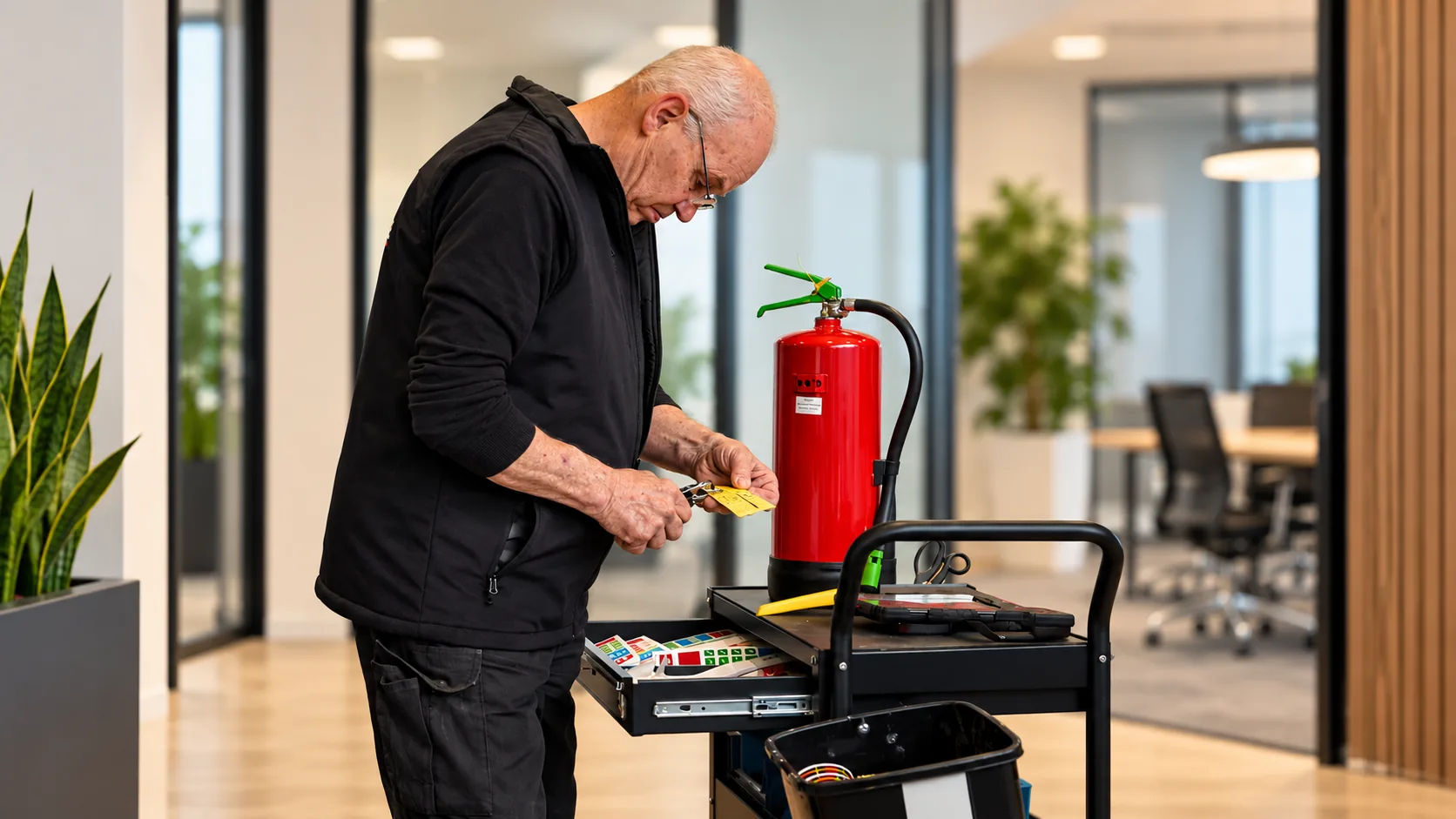 Keurmeester van Brandpreventie Techniek bevestigt een keuringslabel aan een brandblusser